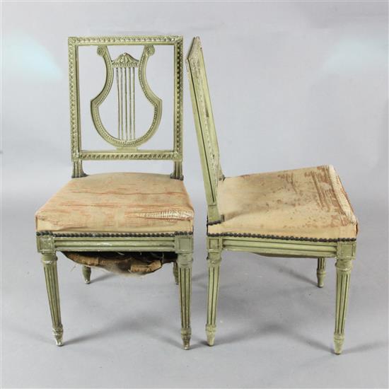A set of six French painted lyre shaped side chairs, in the manner of Jacob,